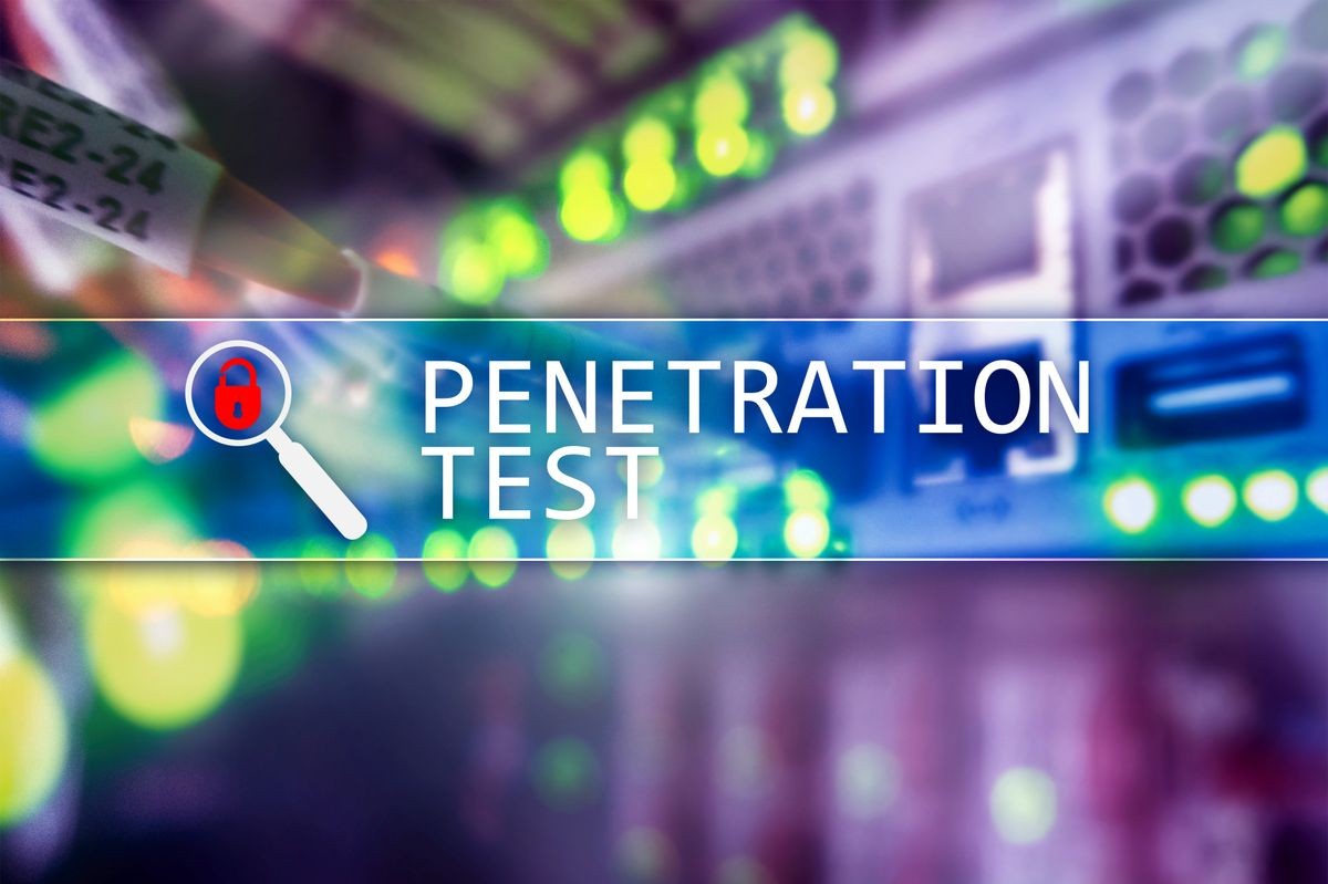Penetration test. Cybersecurity and data protection. Hacker attack prevention. Futuristic  server room on background.